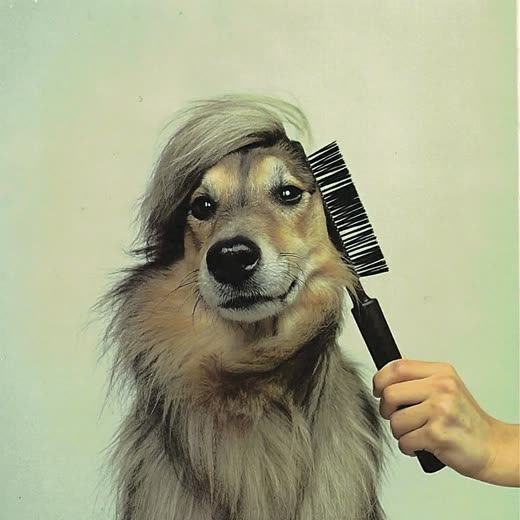 A long-haired dog being brushed out during a de-shedding treatment